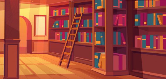 Library interior, empty room for reading with books on wooden shelves, ladder, glass window on roof with falling sun rays. Cozy place for litareture collection, athenaeum Cartoon vector illustration
